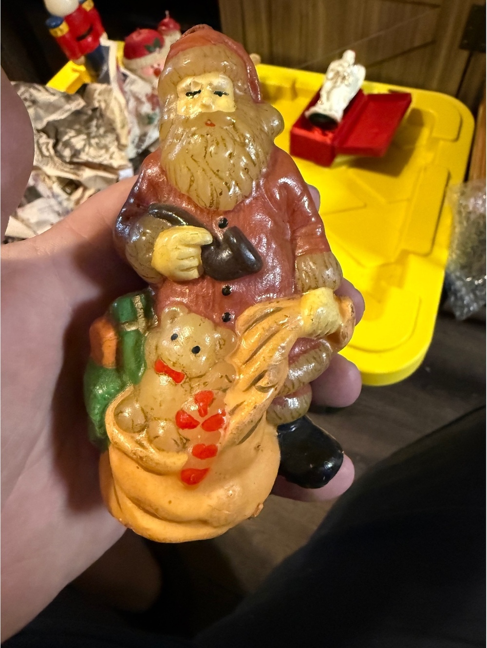 Vintage Santa Claus Figurine with Teddy Bear and Sack